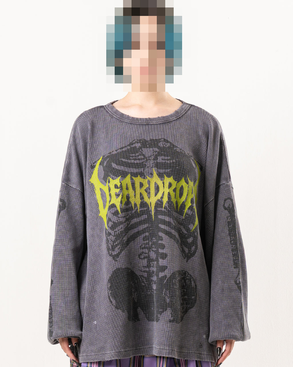 SKULL PRINT WAFFLE LONG SLEEVE TEE