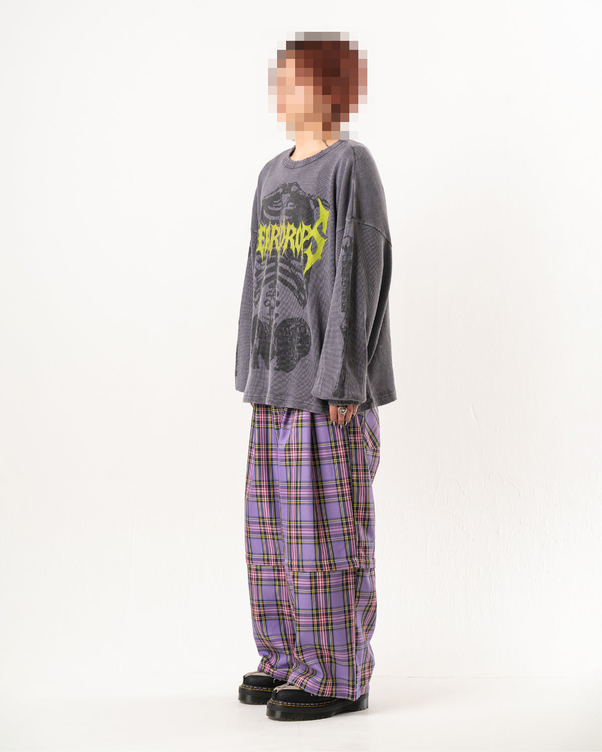 SKULL PRINT WAFFLE LONG SLEEVE TEE