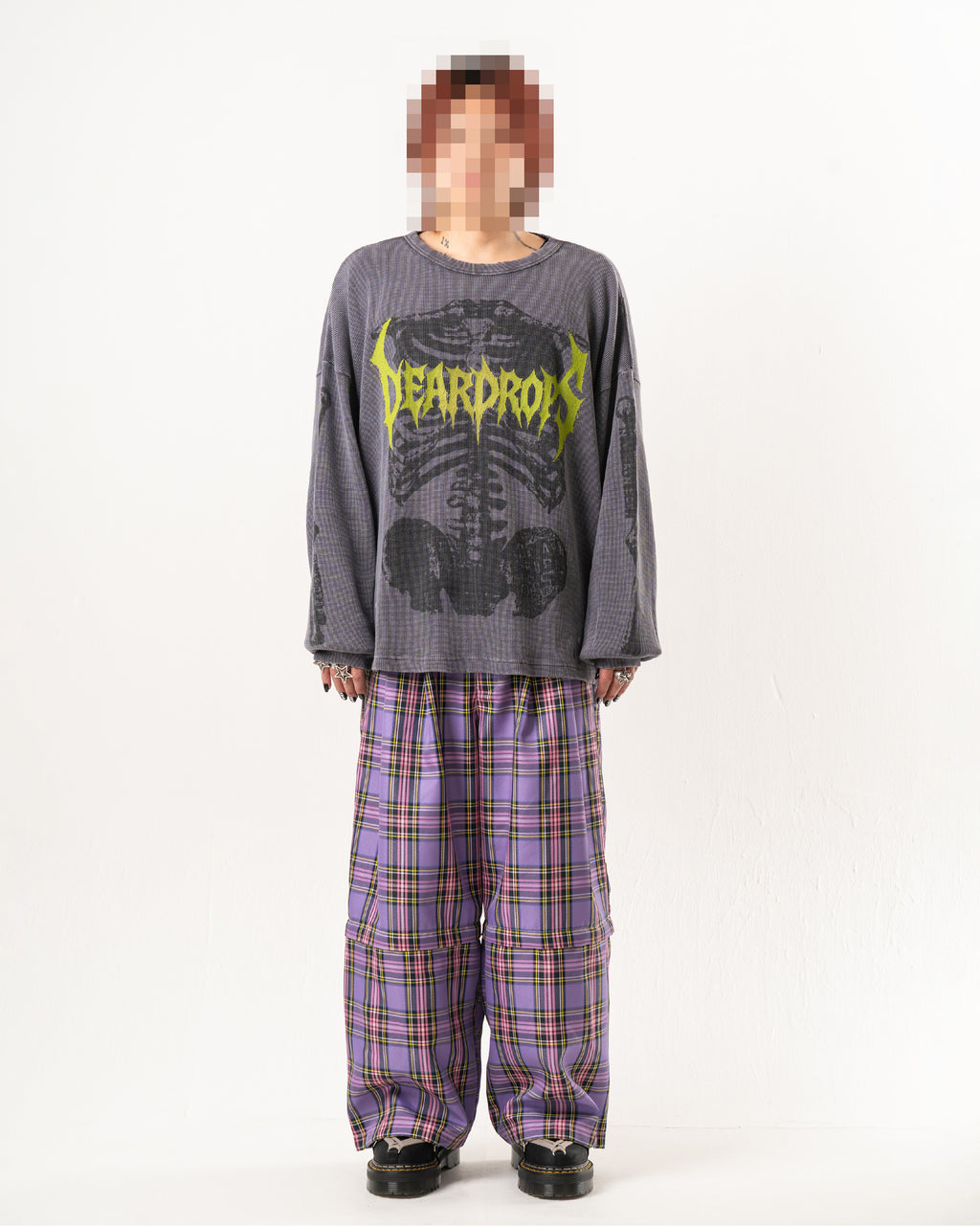 SKULL PRINT WAFFLE LONG SLEEVE TEE