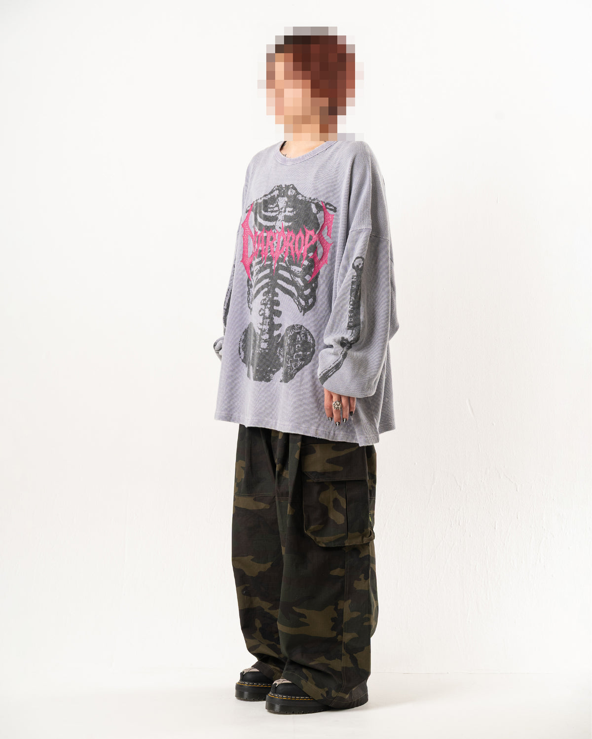 SKULL PRINT WAFFLE LONG SLEEVE TEE
