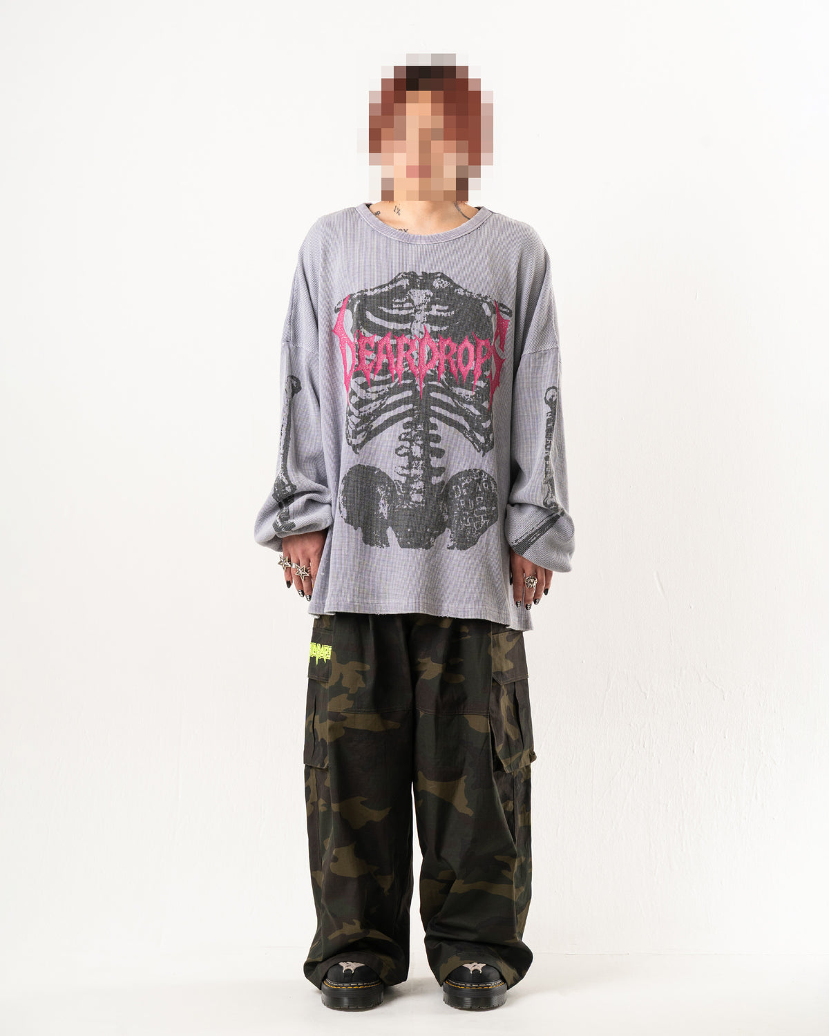 SKULL PRINT WAFFLE LONG SLEEVE TEE