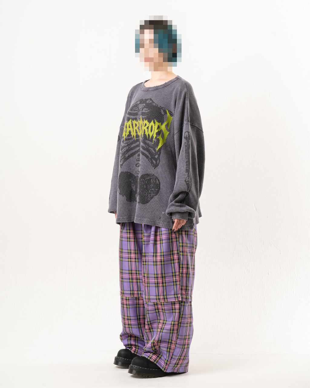 SKULL PRINT WAFFLE LONG SLEEVE TEE