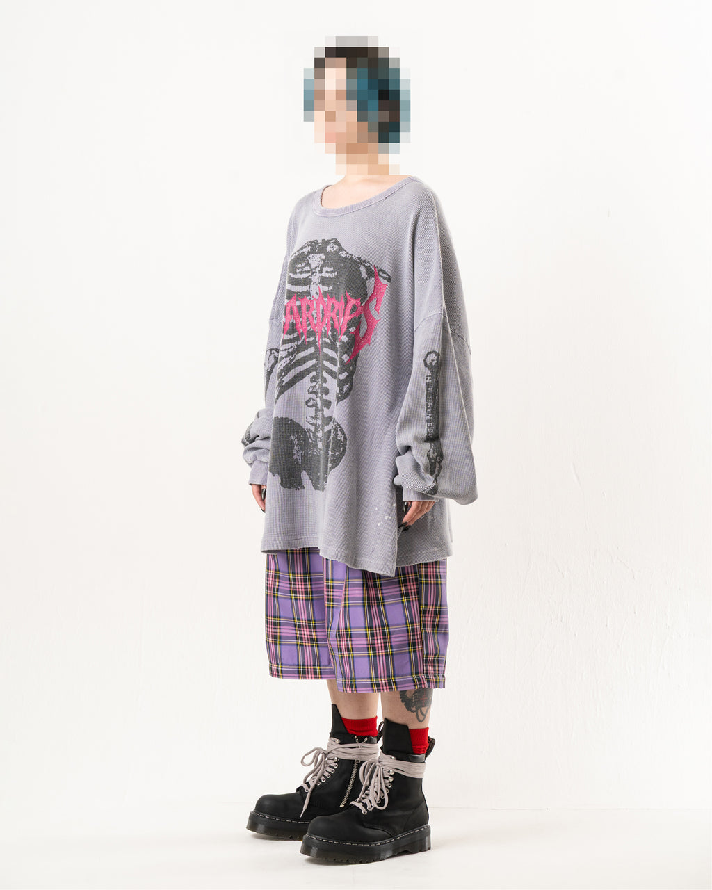 SKULL PRINT WAFFLE LONG SLEEVE TEE
